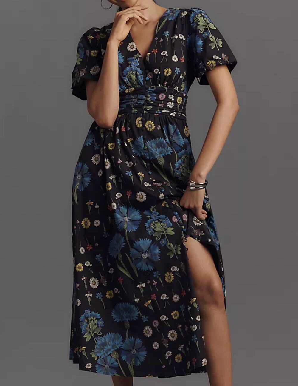 Anthropologie The Katerina Button Front Floral Short Sleeve Midi Dress Blue S
